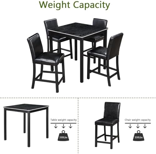 LUMISOL Dining Table Set for 4, Solid Wood Counter Height Kitchen Table Set with 4 Upholstered Chairs, Farmhouse Table and Chairs for Kitchen, Dining Room, Home Bar, Black