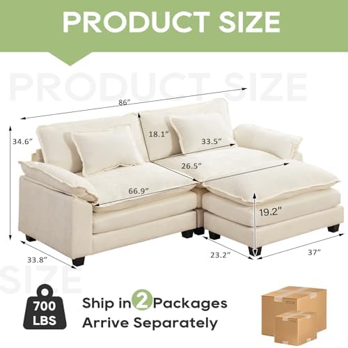 Oprisen 86" Modular Sectional Sofa, Comfy Deep Cloud Couch with Ottoman | L-Shaped Couches for Living Room, Modular Couch, Deep and Wide Seat, Chenille Sofa Sleeper with Throw Pillows, Beige White