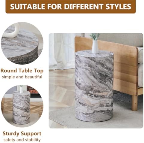 Round End Table Living Room Table, Faux Marble Sofa Couch Side Table, Bedside Nightstand for Small Spaces, Bedroom