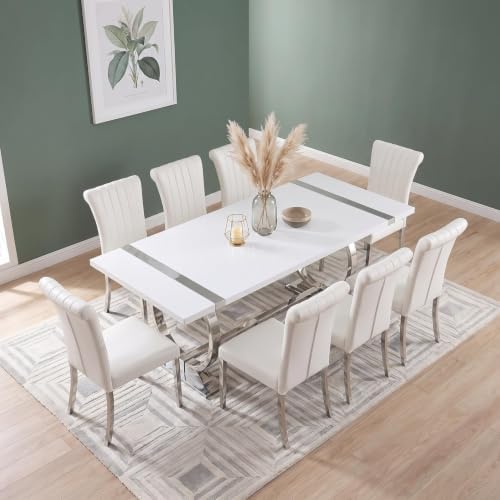 ACEDÉCOR Dining Chairs, White Leather Dining Chairs Set of 6, Upholstered Kitchen Room Chairs with Silver Stainless Steel Legs