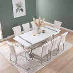ACEDÉCOR Dining Chairs, White Leather Dining Chairs Set of 6, Upholstered Kitchen Room Chairs with Silver Stainless Steel Legs