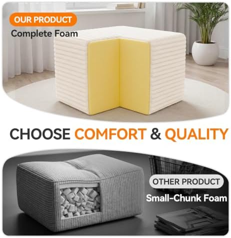 23in Square Pouf Ottoman, Large Corduroy Ottoman Foot Rest with Solid High-Density Foam, Removable Washable Cover, Soft Floor Foot Stool for Living Room, Bedroom, Beige