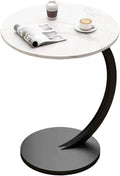 C-Shaped End Table Side Table Wood Sofa Table with Metal Frame for Living Room, Bedroom, Small Spaces (Snow Mountain White + Black Rack)