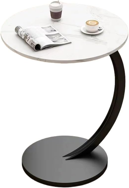C-Shaped End Table Side Table Wood Sofa Table with Metal Frame for Living Room, Bedroom, Small Spaces (Snow Mountain White + Black Rack)
