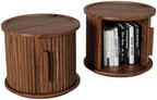 Round Coffee Table Set of 2, Nesting Side Table with Sliding Door Storage | Rotatable Round Coffee Table, Fluted Wood Drum End Table with Storage Compartment, Versatile Side Cabinet for Home Decor