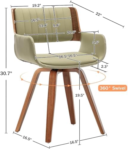 LUNLING Swivel Accent Faux Leather Dining Chairs, Mid Century Modern Chairs with Wooden Legs/Armrest/Upholstered Seat/Adjustable Foots for Kitchen Dining Room Desk Chairs,Green,1PCS