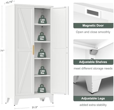 Washsemba 71'' Farmhouse Metal Storage Cabinet with Barn Doors,Steel File Cabinet for Home Office,Kitchen Pantry 4 Adjustable Shelves,Freestanding Cupboard for Kitchen,for Home Office,School (White)