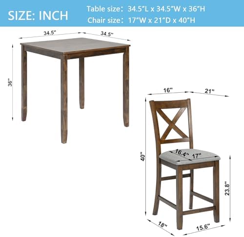 5 Piece Dining Table Set for 4, Solid Wood Square Dining Table Set, Counter Height Kitchen Table Set with Square Table and 4 Upholstered Chairs, X-shaped Backrest for Small Space, Walnut