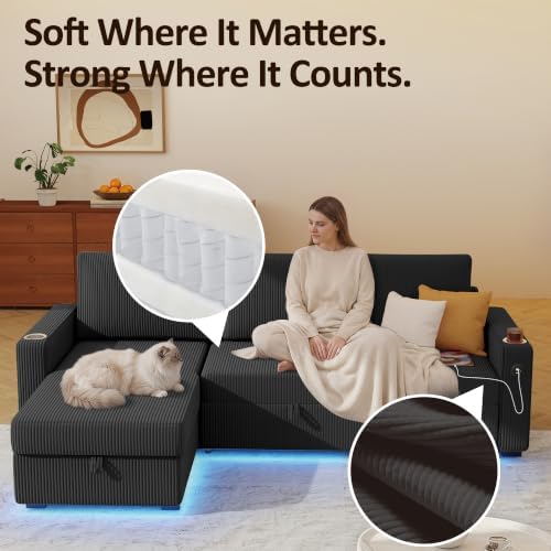 Ball & Cast 80" Sectional Sleeper Sofa Bed Pull Out Couches for Living Room | L Shaped Convertible Pull Out Sofa Bed with Storage Chaise, LED Lights, Foldable Table, USB Ports, Cup Holder and Side Pocket