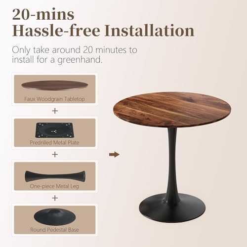 31.5 Inch Round Dining Table,Mid-Century Tulip Table with Metal Pedestal Base,Modern Leisure Table for Small Space Kitchen Dining Room,Easy Assembly,Walnut and Black