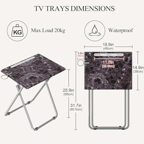 Folding TV Tray Table with Cup Holder, TV Dinner Table with Sturdy MDF Top, Eating Trays with Tablet Slot for Living Room, Bedroom, Sofa, 15 x 18.9 x 25.6 in (Black Marble, 2Pcs)