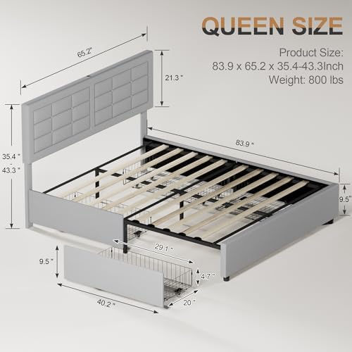 VECELO Queen Size Bed Frame with 4 Storage Drawers & Adjustable Headboard, Built-in Charging Station, Upholstered Bedframe with Wood Slats Support, Light Gray