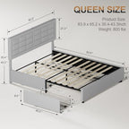 VECELO Queen Size Bed Frame with 4 Storage Drawers & Adjustable Headboard, Built-in Charging Station, Upholstered Bedframe with Wood Slats Support, Light Gray