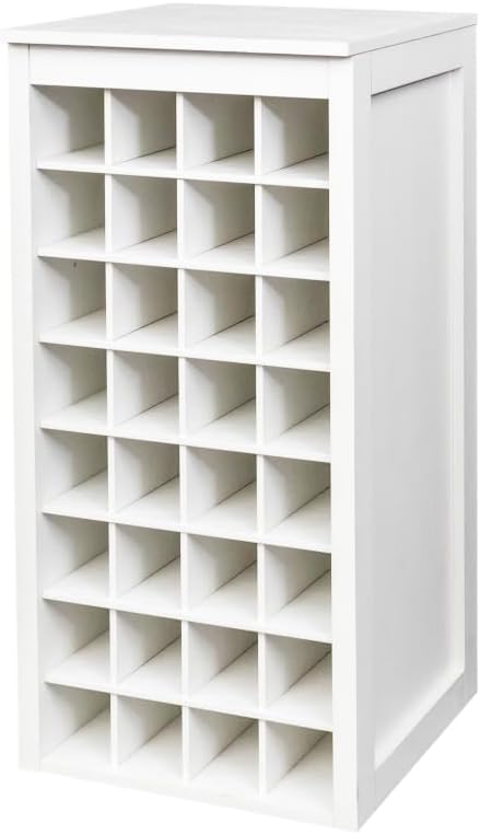 Freestanding Floor Wine Rack, 32 Bottle Wooden Wine Cabinet for Small Spaces, Farmhouse Modular Stackable Bottle Holder, Tall Counter Storage Rack, Elegant Design (White)