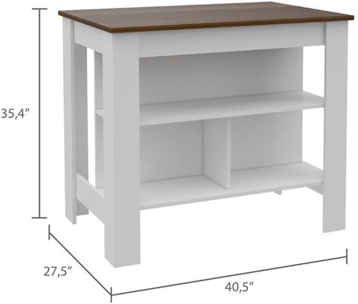 Tuhome Furniture Cala Modern Engineered Wood Kitchen Islands with Large Table Top & 3 Storage Shelves, Easy Assembly, in White/Walnut Finish