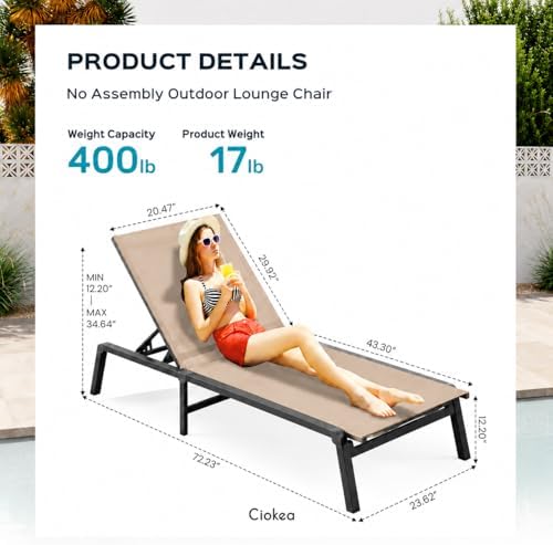 Ciokea Aluminum Chaise Lounge Ourdoor - Foldable & Assemble Free Outdoor Lounge Chair with 5 Adjustable Backrest, Patio Lounge Chair for Outside Poolside Beach Pool, Khaki