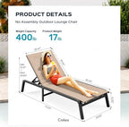 Ciokea Aluminum Chaise Lounge Ourdoor - Foldable & Assemble Free Outdoor Lounge Chair with 5 Adjustable Backrest, Patio Lounge Chair for Outside Poolside Beach Pool, Khaki