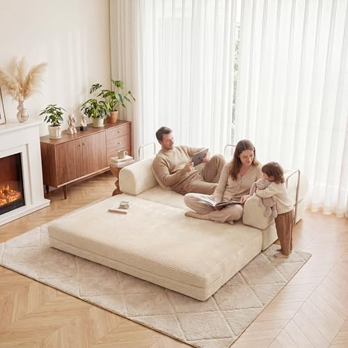 Futon Sofa Bed Modular Loveseat Sleeper Folding Pull Out Couch with Pillows, No Assembly Required Couch for Living Room Bedroom Guest Room (Beige, 53.15" Loveseat Sofa)