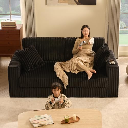 GOSUHI 80" Cloud Couch Loveseat, Deep Seats, Pocket Spring, Corduroy, Black | High Backrest, Pocket Spring Cushions, Oversized 2-Seater, Comfy Upholstered Couches for Living Room