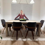 Dining Chairs Set of 6, 360° Swivel Faux Leather Dining Room & Kitchen Chairs with Arms, Ergonomic Curved Back, 19.7" Seat Height, Bentwood Solid Wood Frame, Walnut Finish, Mid-Century Modern, Beige