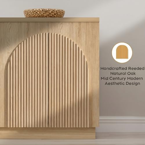 Yechen 110" Modular Fluted Sideboard Buffet Cabinet with Storage, Wood Mid Century Modern Credenza Cabinet w/Arched Reeded Doors & Adjustable Shelves for Kitchen, Living Room, Natural