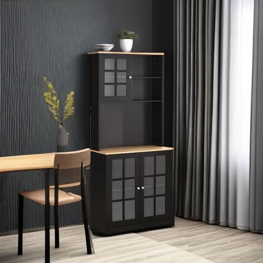 HOMCOM Kitchen Pantry Storage Cabinet 72" with Hutch, Black | Large Countertop, Freestanding, Glass Doors, Adjustable Shelves, Dining Room