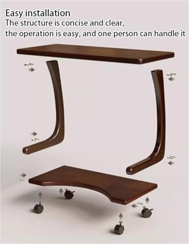Modern C Shaped Solid Wood End Table with Rolling Wheels | Portable Mini Couch Table for Small Spaces | Square Corner Table for Living Room, 60cm