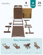 SERWALL HDPE Outdoor Chaise Lounge Set of 2 with Cup Holder & Wheels, Brown