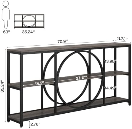 Tribesigns Extra Long Console Table, 70.9" Sofa Table with 3 Tier Shelves | Narrow Sofa Tables with 3 Tier Wood Storage Shelves, Industrial Metal Frame for Entryway Hallway Living Room Behind Couch