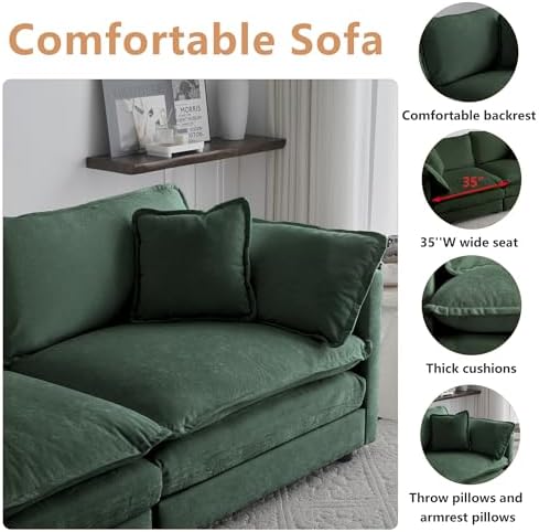 mikibama Modular Sectional Sofa, 111.5 Inch L Shaped Couch Set for Living Room, 3-Seater Comfy Cloud Couches with Movable Ottoman, DIY Combination, Chenille, Evergreen