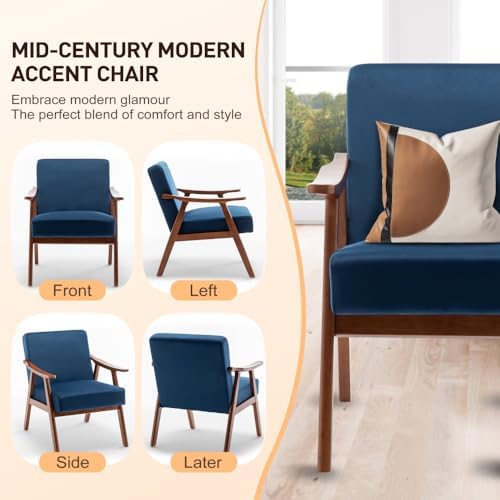 Lispin Mid-Century Modern Chair, Living Room Chair with Solid Wood Frame, Accent Chair Extra-Thick Backrest, Wingback Chair for Bedroom, Reading Room, Living Room (Blue + Velvet + Foam)