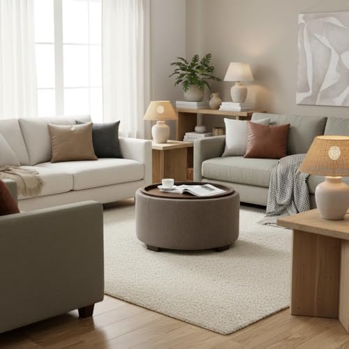 Zihanhome 30 Inch Round Storage Ottoman, Ottoman Coffee Table with Lift Off Lid, Boucle Modern Ottomans with Storage for Living Room, Bedroom, Apartments (Brown)