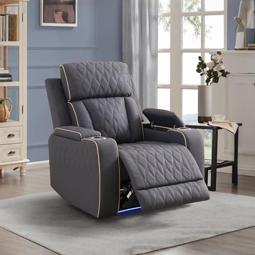 Power Reclining Sofa Set with USB Charging/LED, Blueish Grey Leather Recliner Couch with Cup Holders/Storage Console, 3 Pieces Home Theater Furniture for Living Room/Apartment/Office