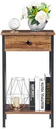 VECELO Tall Nightstand,27.6 inch Wooden End Table with Metal X-Frame,Side Table with Drawer and Storage Shelf for Living Room Bedroom Entryway Small Spaces