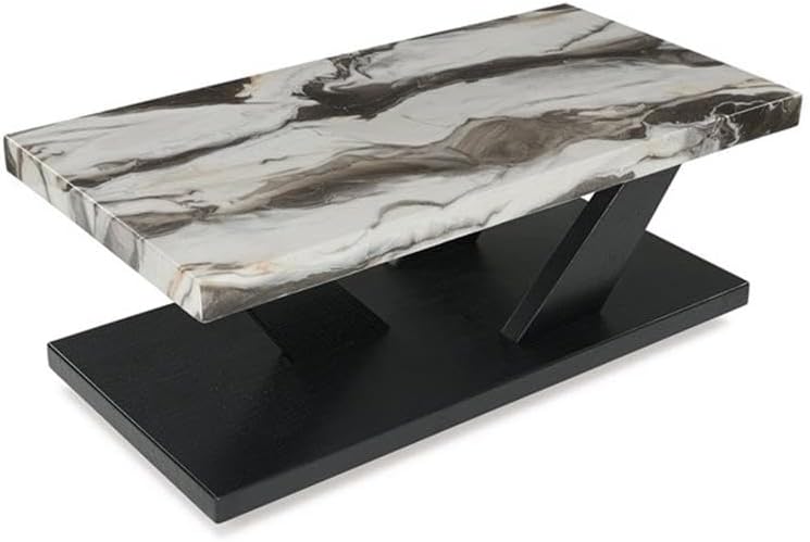 BOWERY HILL Coffee Table Set, 3-Piece, Faux White Marble Tops, Black Wood Frames, Built-in Casters, Includes 1 Coffee Table and 2 End Tables, Contemporary Living Room Furniture Set