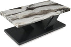 BOWERY HILL Coffee Table Set, 3-Piece, Faux White Marble Tops, Black Wood Frames, Built-in Casters, Includes 1 Coffee Table and 2 End Tables, Contemporary Living Room Furniture Set