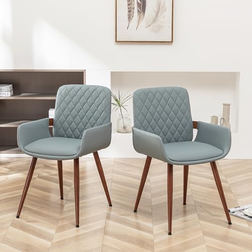 LUNLING Mid Century Modern Dining Room Chairs Set of 2 Accent Faux Leather Chair Bentwood Frame with Armrest,Upholstered Seat,Metal Legs Chair,Adjustable Foot for Kitchen Room Desk Chairs(Blue)