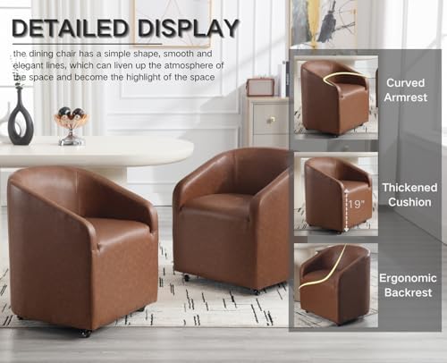 CIMOTA Brown PU Leather Barrel Dining Chairs with Wheels, Set of 1 — Modern Upholstered Swivel Dining Room Chairs on Casters for Kitchen, Living Room