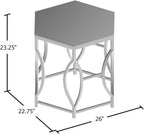 BOWERY HILL Contemporary Metal End Table, Chrome Finish, Hexagon 8mm Tempered Glass Top, Steel Frame with Circular Side Panels, Modern Geometric Design for Living Room