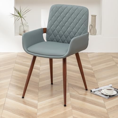 LUNLING Mid Century Modern Dining Room Chairs Set of 2 Accent Faux Leather Chair Bentwood Frame with Armrest,Upholstered Seat,Metal Legs Chair,Adjustable Foot for Kitchen Room Desk Chairs(Blue)