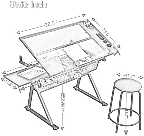 Drafting Table, Height Adjustable Art Tabe with Stool, Black | 0-75° Tilting Tempered Glass Tabletop Art Drawing Table with Compartments, Trays, Rack and Drawers for Sketching Painting