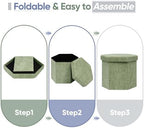 Hexagon Storage Ottoman, Foldable Chenille FootRest with Hidden Storage, Small Ottoman Footstool for Living Room, Bedroom, Dorm, Entryway, 15 x 16.9 x 15 Inches, Green