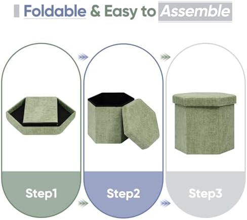 Hexagon Storage Ottoman, Foldable Chenille FootRest with Hidden Storage, Small Ottoman Footstool for Living Room, Bedroom, Dorm, Entryway, 15 x 16.9 x 15 Inches, Green