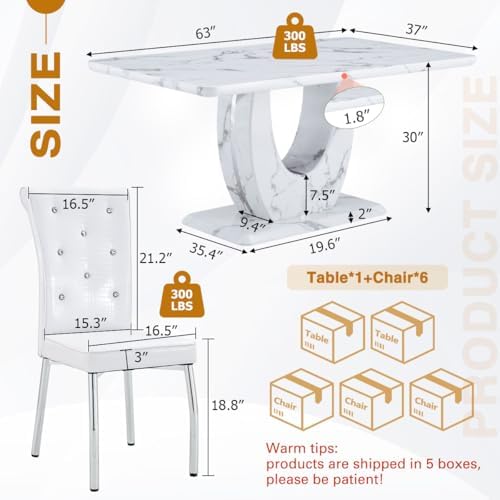 Modern Faux Marble Dining Table Set for 6, 63" White Rectangular Kitchen Table with Elegant U-Shaped Pedestal Base & 6 Tufted Upholstered High-Back Chairs, Luxury 7-Piece Dining Room Furniture Set