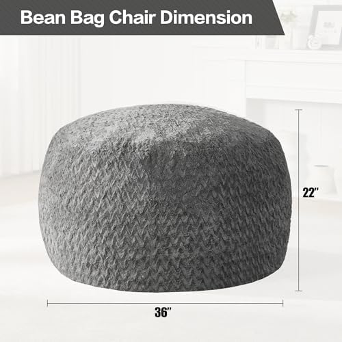 Hobestluk Bean Bag Chair Large Washable Soft Living Room Adult 3Ft Grey | No Assembly Required Memory Foam Filling Machine Washable Cover Bedroom Dorm Reading Gaming Fluffy Plush Faux Fur Fabric