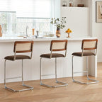 GrandNoor Natural Rattan Counter Height Stools Set of 3 with Solid Wood Back, 24 Inch Mid Century Modern Cesca Bar Stools, Brown Upholstery Boho Stool for Kitchen Counter with Chrome Metal Legs
