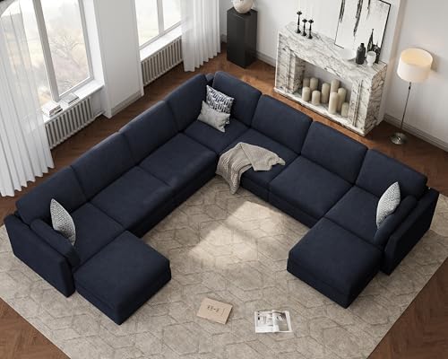 Oversized Modular Sectional Sofa U-Shaped Cloud Couches Blue | 9 Seater Large Deep Seat Couch Luxury Sectional Couches for Living Room, Solid Wood Frame, Removable Washable Cover