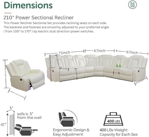 Power Recliner Sofa Sectional Sofa with LED Light for Living Room, Air Leather Reclining Corner Sectional Sofa Set, Cup Holder, Storage Console for Home Theater Seating (Ivory White, Sectional+Chair)