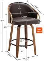24.8" Swivel Counter Height Bar Stools Set of 2,Brown Leather Barstools Mid Century Modern Bar Chairs with Wood Legs and Golden Arms for Kitchen Dining Pub Cafe