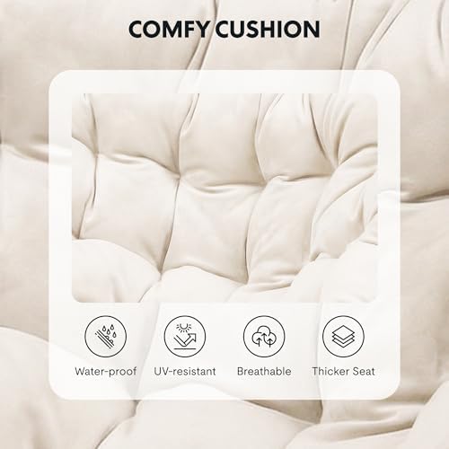 FLEXISPOT Oversized Outdoor Rocking Chair with Thick Cushion, Beige | Thick Cushioned Seat, Bonus Pillow, Modern Patio Papasan Rocker, Metal Frame Wood Base, For Porch Balcony Living Room